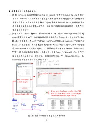 15
4.
(1) dc_curves.dsn dc_bias.dsn BJT beta 160
I-V Curve IBB - VCE
Data Display Equation
VCE
3 V
(2) 2.11 DC Controller DC1 Output Save by
name VCE Dataset Data
Display ADS ”Var Eqn” Controller
SweepVar( ) Dataset ( IBB)
( Wire) Dataset (
VBE) I_Probe ( IC) VCE
3 V Save by
name Dataset
VBE
VAR
VAR2
VCE= 3 V
IBB =0 A
Eqn
Var
DC
DC1
Step=10 uA
Stop=100 uA
Start=10 uA
SweepVar="IBB"
DC
V_DC
SRC1
Vdc=VCE
bjt_pkg
Q1
beta=160
I_Probe
IC
I_DC
SRC2
Idc=IBB
IBB
1.000E-5
2.000E-5
3.000E-5
4.000E-5
5.000E-5
6.000E-5
7.000E-5
8.000E-5
9.000E-5
1.000E-4
IC.i
599.8 uA
1.430 mA
2.349 mA
3.325 mA
4.341 mA
5.389 mA
6.462 mA
7.557 mA
8.669 mA
9.798 mA
VBE
754.8 mV
777.1 mV
789.9 mV
798.8 mV
805.7 mV
811.3 mV
815.9 mV
819.9 mV
823.5 mV
826.6 mV
VCE
3.000
3.000
3.000
3.000
3.000
3.000
3.000
3.000
3.000
3.000
Double click the DC controller
Add “variables” pass
to data display
Choose “VCE” then add it
Show the simulated results IC.i, VBE,
and VCE in a table. Here VCE is passed
from the schematic “VAR” block.
2.11 Schematic Dataset
 