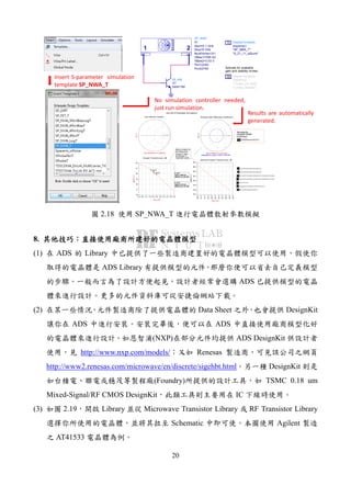 20
Activate for available
gain and stability circles:
SP_NWA
X1
Port2Z=50
Port1Z=50
VBias2=3.03 V
VBias1=799 mV
NumPoints=101
Stop=5 GHz
Start=0.1 GHz
+ +
21
bjt_pkg
Q1
beta=160
DisplayTemplate
disptemp1
"S_21_11_wZoom"
"SP_NWA_T"
Temp
Disp
DisplayTemplate
disptemp2
"Circles_Stability"
"Circles_Ga_Stab"
Temp
Disp
Eqn F_lim1index=find_index(SP.freq,indep(F_lim1))
Eqn F_lim2index=find_index(SP.freq,indep(F_lim2))
Eqn low_index=if (F_lim1index<F_lim2index) then F_lim1index else F_lim2index
Eqn high_index=if (F_lim2index>F_lim1index) then F_lim2index else F_lim1index
Eqn ph=[-pi::0.01*pi::pi]
Eqn mag_gamma=(VSWRcircleVal-1)/(VSWRcircleVal+1)
Eqn gamma_cmplx=mag_gamma*exp(j*ph)
EqnVSWRcircleVal=2.5
freq (100.0MHz to 5.000GHz)
S(1,1)
Input Reflection Coefficient
F_lim1
freq=
dB(S(2,1))=20.323
2.060GHz
F_lim2
freq=
dB(S(2,1))=19.794
2.501GHz
0.5 1.0 1.5 2.0 2.5 3.0 3.5 4.0 4.50.0 5.0
17
18
19
20
21
16
22
freq, GHz
dB(S(2,1))
F_lim1
F_lim2 F_lim1
freq=
dB(S(2,1))=20.323
2.060GHz
F_lim2
freq=
dB(S(2,1))=19.794
2.501GHz
2.10
2.15
2.20
2.25
2.30
2.35
2.40
2.45
2.50
2.05
2.55
19.8
19.9
20.0
20.1
20.2
20.3
19.7
20.4
freq, GHz
dB(S(2,1))
freq (2.060GHz to 2.501GHz)
S(1,1)
indep(gamma_cmplx) (0.000 to 200.000)
Forward Transmission, dB
Zoomed Forward Transmission, dB
Zoomed Input Reflection Coefficient
Move markers to
set frequency
range of data
displayed in
"zoomed" plots
Set value for
constant-VSWR
circle here:
Use with S-Parameter Simulations
Insert S-parameter simulation
template SP_NWA_T
No simulation controller needed,
just run simulation.
Results are automatically
generated.
2.18 SP_NWA_T
8.
(1) ADS Library
ADS Library
ADS
(2) Data Sheet DesignKit
ADS ADS
(NXP) ADS DesignKit
http://www.nxp.com/models/ Renesas
http://www2.renesas.com/microwave/en/discrete/sigehbt.html DesignKit
(Foundry) TSMC 0.18 um
Mixed-Signal/RF CMOS DesignKit IC
(3) 2.19 Library Microwave Transistor Library RF Transistor Library
Schematic Agilent
AT41533
 