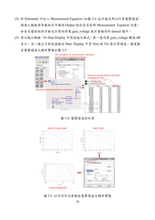 24
(2) Schematic Measurement Equation 3.4
Output Measurement Equation
gain_voltage dataset
(3) Data Display gain_voltage dB
Data Display Vout Vin
3.5
Eqn Gain_dB=20*log(gain_voltage)
freq
100.0 MHz
200.0 MHz
300.0 MHz
400.0 MHz
500.0 MHz
600.0 MHz
700.0 MHz
800.0 MHz
900.0 MHz
1.000 GHz
1.100 GHz
1.200 GHz
1.300 GHz
1.400 GHz
1.500 GHz
1.600 GHz
1.700 GHz
1.800 GHz
1.900 GHz
2.000 GHz
2.100 GHz
2.200 GHz
2.300 GHz
2.400 GHz
2.500 GHz
2.600 GHz
2.700 GHz
2.800 GHz
Gain_dB
15.419
15.409
15.393
15.370
15.340
15.305
15.263
15.215
15.162
15.103
15.039
14.970
14.896
14.818
14.735
14.649
14.558
14.465
14.368
14.268
14.165
14.060
13.953
13.844
13.733
13.621
13.507
13.392
Gain_dB1
15.419
15.409
15.393
15.370
15.340
15.305
15.263
15.215
15.162
15.103
15.039
14.970
14.896
14.818
14.735
14.649
14.558
14.465
14.368
14.268
14.165
14.060
13.953
13.844
13.733
13.621
13.507
13.392
dB(gain_voltage)
15.419
15.409
15.393
15.370
15.340
15.305
15.263
15.215
15.162
15.103
15.039
14.970
14.896
14.818
14.735
14.649
14.558
14.465
14.368
14.268
14.165
14.060
13.953
13.844
13.733
13.621
13.507
13.392
Eqn Gain_dB1=20*log(mag(Vout)/mag(Vin))
Add measurement equation in schematic
The variables of measurement equation
would output to dataset by default.
There are several ways to calculate
voltage gain in dB.
3.4
0.5 1.0 1.5 2.0 2.5 3.0 3.50.0 4.0
4.0
4.5
5.0
5.5
3.5
6.0
freq, GHz
gain_voltage
0.5 1.0 1.5 2.0 2.5 3.0 3.50.0 4.0
12.0
12.5
13.0
13.5
14.0
14.5
15.0
11.5
15.5
freq, GHz
Gain_dB
Gain in linear scale Gain in dB
1E91E8 4E9
12.0
12.5
13.0
13.5
14.0
14.5
15.0
11.5
15.5
freq, Hz
Gain_dB
x-axis in log-scale
3.5
 