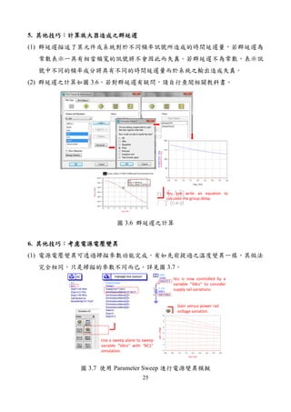 25
5.
(1)
(2) 3.6
You can write an equation to
calculate the group delay.
3.6
6.
(1)
3.7
AC
AC1
NoiseNode[1]="Vout"
CalcNoise=no
Step=100 MHz
Stop=4.0 GHz
Start=100 MHz
AC
ParamSweep
Sweep1
Step=0.5
Stop=5
Start=0
SimInstanceName[6]=
SimInstanceName[5]=
SimInstanceName[4]=
SimInstanceName[3]=
SimInstanceName[2]=
SimInstanceName[1]="AC1"
SweepVar="Vdcs"
PARAMETER SWEEP
Vcc
V_DC
SRC1
Vdc=Vdcs
VAR
VAR2
Vdcs=5 V
Eqn
Var
0.5 1.0 1.5 2.0 2.5 3.0 3.50.0 4.0
1
2
3
4
5
0
6
freq, GHz
gain_voltage
Use a sweep plane to sweep
variable “Vdcs” with “AC1”
simulation.
Vcc is now controlled by a
variable “Vdcs” to consider
supply rail variations.
Gain versus power rail
voltage variation.
3.7 Parameter Sweep
 