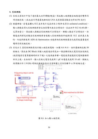 30
4.
(1) ( )
( LNA PA )
(2) S12 0 ( unilateral condition)
S12 -60 dB
( S12
0) ADS Optimization
(3) L 4.6 50
DC Block
( )
1 pF 10 nH
1.9 GHz 50
Vout
S_Param
SP1
Step=10 MHz
Stop=4 GHz
Start=100 MHz
S-PARAMETERS
C
C_match_in
C=1 pF
L
L_match_in
R=
L=10 nH
C
DC_Block2
C=10 pF
L
DC_Feed1
R=
L=120 nH
L
DC_Feed2
R=
L=120 nH
C
DC_Block1
C=10 pF
VAR
VAR2
Vdcs=5 V
Eqn
Var
Vcc
V_DC
SRC1
Vdc=Vdcs
R
RB
R=56 kOhm
Vcc
R
RC
R=590 Ohm
Term
Term2
Z=50 Ohm
Num=2
bjt_pkg
Q1
beta=160
Term
Term1
Z=50 Ohm
Num=1
Input matching network
(L-shape matching)
Frequency step is set to
10 MHz
m2
freq=
dB(S(2,1))=21.668
1.900GHz
0.5 1.0 1.5 2.0 2.5 3.0 3.50.0 4.0
-60
-40
-20
0
20
-80
40
freq, GHz
dB(S(2,1))
m2
dB(S(1,2))
m2
freq=
dB(S(2,1))=21.668
1.900GHz
m1
f req=
S(1,1)=0.793 / 100.094
impedance = 9.739 + j40.943
1.900GHz
freq (100.0MHz to 4.000GHz)
S(1,1)
m1
S(2,2)
m1
f req=
S(1,1)=0.793 / 100.094
impedance = 9.739 + j40.943
1.900GHz
Not matched to 50 Ohm
4.6
 