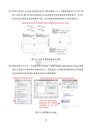 34
(5) S11 S22 Goal -20 dB 4.13 S11
S22 -20 dB (S21) S11
S22 50
C_match_in.C
3.015E-13
C_match_out.C
2.112E-13
L_match_in.L
2.064E-8
L_match_out.L
2.840E-8
m3
f req=
dB(Optim1.SP1.SP.S)=37.031
optIter=120, index=(2,1)
1.900GHz
m4
f req=
dB(Optim1.SP1.SP.S)=-20.254
optIter=120, index=(2,2)
1.900GHz
0.5 1.0 1.5 2.0 2.5 3.0 3.50.0 4.0
-60
-40
-20
0
20
-80
40
freq, GHz
dB(Optim1.SP1.SP.S)
m3
m4
m3
f req=
dB(Optim1.SP1.SP.S)=37.031
optIter=120, index=(2,1)
1.900GHz
m4
f req=
dB(Optim1.SP1.SP.S)=-20.254
optIter=120, index=(2,2)
1.900GHz
m1
f req=
Optim1.SP1.SP.S(1,1)=0.086 / -144.263
optIter=120
impedance = Z0 * (0.866 - j0.087)
1.900GHz
m2
f req=
Optim1.SP1.SP.S(2,2)=0.097 / -147.607
optIter=120
impedance = Z0 * (0.844 - j0.089)
1.900GHz
freq (100.0MHz to 4.000GHz)
Optim1.SP1.SP.S(1,1)
m1
Optim1.SP1.SP.S(2,2)
m2
m1
f req=
Optim1.SP1.SP.S(1,1)=0.086 / -144.263
optIter=120
impedance = Z0 * (0.866 - j0.087)
1.900GHz
m2
f req=
Optim1.SP1.SP.S(2,2)=0.097 / -147.607
optIter=120
impedance = Z0 * (0.844 - j0.089)
1.900GHz
Optimized results for dB(S(1,1)) and dB(S(2,2)) equal to -20 dB
4.13
(6) 4.14 Simulate Update Optimization Values
Schematic
Disable Optim
L
L_match_in
R=
L=20.637 nH {-o}
Optim
Optim1
SaveCurrentEF=no
UseAllGoals=yes
StatusLevel=4
DesiredError=0.0
MaxIters=125
OptimType=Random
OPTIM
Disable optimization for matching componentsUpdate optimization values
After the optimization,
deactivate the OPTIM
controller to turn off
this function.
4.14
 