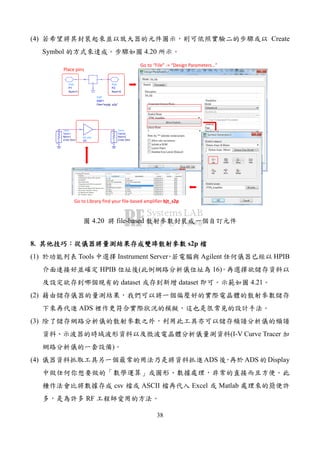 38
(4) Create
Symbol 4.20
S2P
SNP1
File="mybjt..s2p"
21
Ref
Port
P2
Num=2
Port
P1
Num=1
bjt_s2p
Q2
Term
Term2
Z=50 Ohm
Num=2
Term
Term1
Z=50 Ohm
Num=1
Place pins
Go to “File” -> “Design Parameters…”
Go to Library find your file-based amplifier bjt_s2p
4.20 file-based
8. s2p
(1) Tools Instrument Server Agilent HPIB
HPIB ( 16)
dataset dataset 4.21
(2)
ADS
(3)
(I-V Curve Tracer
)
(4) ADS ADS Display
csv ASCII Excel Matlab
RF
 