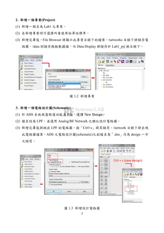 3
2. (Project)
(1) Lab1
(2)
(3) File Browser /networks
/data Data Display Lab1_prj
1.2
3. (Schematic)
(1) ADS File New Design
(2) LPF Analog/RF Network
(3) LPF Ctrl+s /network
ADS (schematic) .dsn design
Ctrl + s (save design)
1.3
 