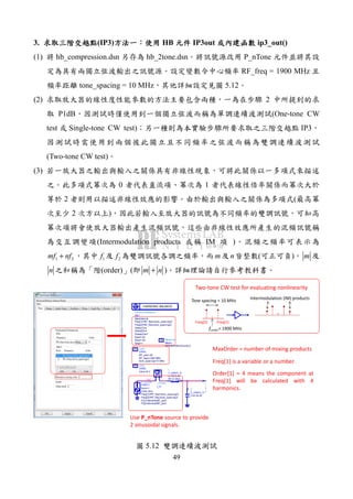 49
3. (IP3) HB IP3out ip3_out()
(1) hb_compression.dsn hb_2tone.dsn P_nTone
RF_freq = 1900 MHz
tone_spacing = 10 MHz 5.12
(2) 2
P1dB (One-tone CW
test Single-tone CW test) IP3
(Two-tone CW test)
(3)
0 1
2 (
2 )
(Intermodulation products IM )
1 2mf nf+ 1f 2f m n ( ) m
n (order) ( m n+ )
Vin
HarmonicBalance
HB1
Step=1
Stop=-20
Start=-50
SweepVar="RF_pwr"
Order[2]=4
Order[1]=4
Freq[2]=RF_freq-tone_spacing/2
Freq[1]=RF_freq+tone_spacing/2
MaxOrder=8
HARMONIC BALANCE
VAR
VAR3
tone_spacing=10 MHz
RF_freq=1900 MHz
RF_pwr=-40
Eqn
Var
VAR
VAR2
Vdcs=5 V
Eqn
Var
P_nTone
PORT1
P[2]=dbmtow(RF_pwr)
P[1]=dbmtow(RF_pwr)
Freq[2]=RF_freq-tone_spacing/2
Freq[1]=RF_freq+tone_spacing/2
Z=50 Ohm
Num=1
MeasEqn
Meas1
dBmout=dBm(Vout[1])
Eqn
Meas
I_Probe
I_in
L
L_match_in
R=12 Ohm
L=18.3 nH
C
C_match_in
C=0.35 pF
C
DC_Block1
C=10 pF
Use P_nTone source to provide
2 sinusoidal signals.
fcenter= 1900 MHz
Tone spacing = 10 MHz
Freq[2] Freq[1]
Intermodulation (IM) products
Two-tone CW test for evaluating nonlinearity
MaxOrder = number of mixing products
Freq[1] is a variable or a number.
Order[1] = 4 means the component at
Freq[1] will be calculated with 4
harmonics.
5.12
 