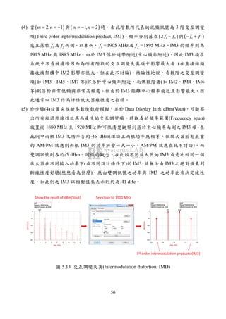 50
(4) ( )2, 1m n= = − ( )1, 2m n= − = 3
(Third order inptermodulation product, IM3) ( )1 22 f f− ( )1 2f f− +
1f 2f 1 1905 MHzf = 2 1895 MHzf = IM3
1915 MHz 1885 MHz IM3 ( ) IM3
(
IM2 )
( IM3 IM5 IM7 ) ( IM2 IM4 IM6
) IM3
IM3
(5) (4) Data Display dBm(Vout)
(Frequency span)
1880 MHz 1920 MHz IM3
IM3 -46 dBm(
AM/PM IM3 AM/PM )
-5 dBm IM3
( ) IM3 IM3
( ) IM3
IM3 -41 dBc
2 4 6 8 10 12 140 16
-150
-100
-50
-200
0
freq, GHz
dBm(Vout)
m1
m1
freq=
dBm(Vout)=-4.935
1.895GHz
1.89 1.90 1.911.88 1.92
-150
-100
-50
-200
0
freq, GHz
dBm(Vout)
m1 m2
m1
freq=
dBm(Vout)=-4.935
1.895GHz
m2
freq=
dBm(Vout)=-5.002
1.905GHz
Show the result of dBm(Vout) See close to 1900 MHz
3rd order intermodulation products (IM3)
5.13 (Intermodulation distortion, IMD)
 