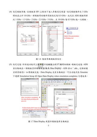 5
(4) SP1 1 GHz
10 GHz 0.5 GHz ADS
1 GHz 1.5 GHz 2 GHz 2.5 GHz 3 GHz… 10 GHz 0.5 GHz
S_Param
SP1
Step=0.5 GHz
Stop=10.0 GHz
Start=1.0 GHz
S-PARAMETERS
Select the parameters
to display out
1.6
(5) F7 ADS
( Data Display ADS .dds
) Data Display Simulate
Simulation Setup Open Data Display when simulation completes
After simulation completed,
the data display window will
pop out.
If data display didn’t pop out, go back your
schematic window and select Simulation Setup. Here is the controlling option
1.7 Data Display
 