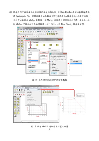6
(6) Data Display
Rectangular Plot S(2,1) dB
Marker Marker S(2,1)
Marker Ctrl+s Data Display
1.8 Rectangular Plot
m1
freq=
dB(S(2,1))=-3.850
5.500GHz
2 3 4 5 6 7 8 91 10
-20
-15
-10
-5
-25
0
freq, GHz
dB(S(2,1))
m1
m1
freq=
dB(S(2,1))=-3.850
5.500GHz
1.9 Marker
 