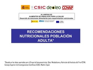 AL-ANDSALUD.
                                   ALIMENTOS DE ANDALUCIA PARA LA SALUD:
                       Desarrollo de soluciones alimentarias para requerimientos nutricionales




                         RECOMENDACIONES
                      NUTRICIONALES POBLACIÓN
                              ADULTA*




*Basado en los datos aportados por el Grupo de Inmunonutrición, Dpto. Metabolismo y Nutrición del Instituto del Frío-ICTAN,
Consejo Superior de Investigaciones Científicas (CSIC), Madrid, Spain
 