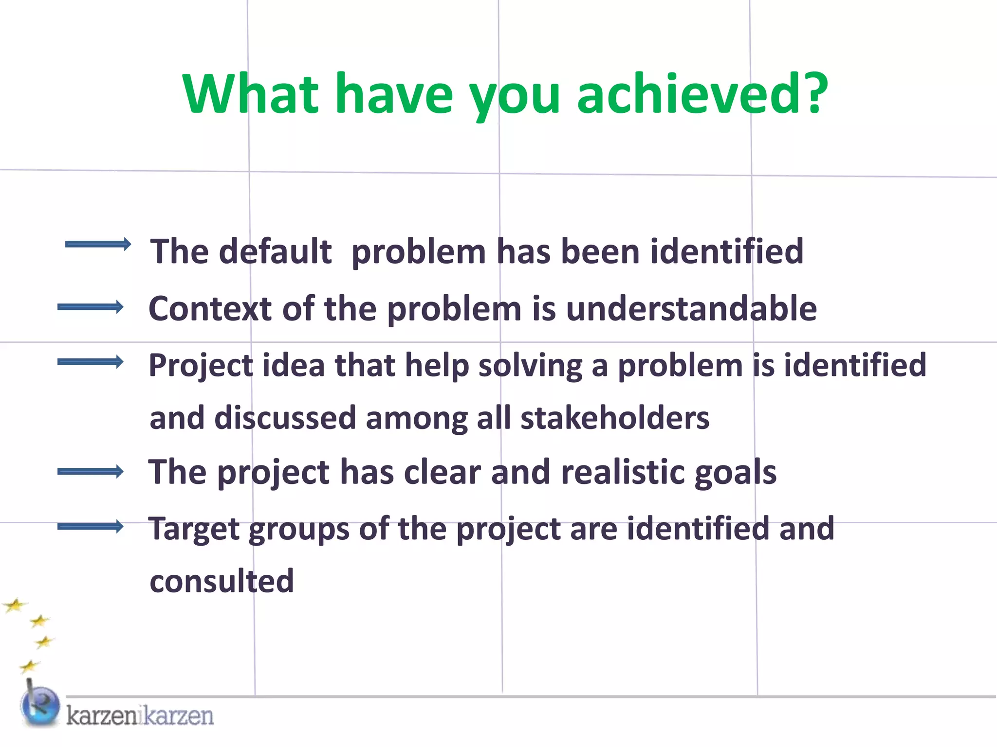 What have you achieved?

The default problem has been identified
Context of the problem is understandable
Project idea that help solving a problem is identified
and discussed among all stakeholders
The project has clear and realistic goals
Target groups of the project are identified and
consulted
 