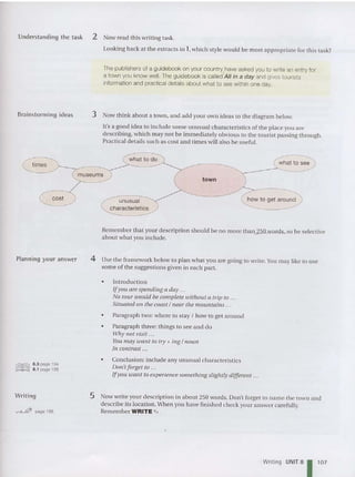 Understanding the task
Brainstorming ideas
2 Now read this writing task.
Looking back at the extracts in 1,which style would be most appropriate for this task?
The publishers of a guidebook on your countryhave asked you to write an entryfor
a town you know well. The guidebook is calledAll in a day and gives tourists
information and practical details abo ut what to see within one day.
3 Now think about a town, and add your own ideas to the diagram below.
It's a goo d idea to includ e some unusual characteristics of the place you are
describing, which may not be immedia tely obvious to the tourist passing through.
Practical details such as cost an d times will also be useful.
times
museums
what to do
unusual
characteristics
town
what to see
how to get around
Planning your answe r
Remember that yourdescription should be no more than.Blt words..so be selective
about what you include.
4 Use the framework below to plan what you are going to write.Y
ou may like to usc
so me of the suggestions given in each part.
• Introduction
Ifyo« are spen ding a day ...
No tour toould be com plete icithout a trip to .
Situated on the coast / near the mountains .
• Paragraph two: where to stay I how to get aro und
• Paragraph three: things to see and do
Why not visit ...
You may uiant to fly + ing / noun
In contrast ...
6.3 page 194
8.1 page 195
• Conclusion: includ e any unusual characteristics
DOIl't forget to .. .
Ij you want to experience something slightly different ...
Writing
.....-J... &?' page 188
5 Now write your description in about 250 words. Don't forget to name the town and
describe its location. When you have finished check your an swer carefully.
Remember WRITE ""'.
Writing UNIT 81107
 