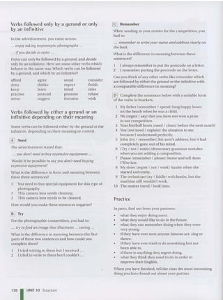 Verbs followed only by a gerund or only
by an infinitive
In the advertisement, you came across :
... enjoy taking impromptu photographs ...
... ifyou decide to enter ...
Enjoy can only be followed by a gerund, and decide
only by an infinitive. Here are some other verbs which
beh ave in the same way. Whic h verbs can be followed
by a geru nd, and which by an infinitive?
afford agree avoid consider
den y dislike expect finish
keep learn mind miss
practise pretend promise refuse
seem suggest threaten wish
Verbs followed by either a gerund or an
infinitive depending on th eir meaning
Some verbs can be followed eithe r by the gerund or th e
infinitive, depending on their meaning or context.
~ Need
The advertiseme nt stated that:
. .. yOli don't need to buy expensive equipment ...
Would it be po ssibl e to say yOll don't need buying
expensive equ ipment?
What is the difference in form and meaning between
these three sentences?
Y
ou need to buy special equipme nt for this type of
photography.
2 This came ra lens needs cleaning.
3 This came ra lens needs to be cleaned .
How wo uld you make these sentences negative?
[!] Try
For the photographic competition, you had to :
... try to find an image that illustrates ... caring ...
What is the differen ce in meaning betwe en the first
part s of these two sentences and how could you
complete th em?
1 I tried writing to th em but I received .
2 I tried to write to the m but I couldn't .
136 1 UNIT 10 Structure
[(J Remember
When sending in your ent ries for the competition, you
had to:
... remem ber to write your narneand address clearly on
the back.
What is the difference in meaning between these
se nte nces?
I I always rem ember to put th e postcode on a letter.
2 I remember putting the po stcode on the letter.
Can you think of any other ver bs like rememberwhich
are followed by either the geru nd or the infinitive with
a comparable differen ce in meaning?
@] Complete the sentences below with a suitable form
of th e verbs in brackets.
My father (reme mber I spend) long happy hours
on the beach whe n he was a child.
2 We (regret I say) that you have not won a prize
in our competition.
3 Your football boots (need I clean ) before the ne xt match!
4 You (not need I explain) the situation to me
because I understand perfectly.
5 John (try I remember) his aunt's ad dress, but it had
completely gone out of his mind.
6 (Try I not I make) eleme ntary grammar mistakes
when you are writing a composition.
7 Please (reme mber I phone) hom e and tell them
I'll be lat e.
B My sister (regret I not I work) harder whe n she
started university.
9 The technician (try I fiddl e) with knobs, bu t the
machine still wouldn't work.
10 The matter (need I look) into.
Practice
In pairs, find out from your partn ers:
• what th ey enjoy doin g most.
• what they would like to do in the future.
• what they can remember doing when the y we re
very young.
• if they have ever seen anyone famous act, sing or
dance.
• if they have ever tried to do something hu t not
been able to.
• if there is anything they regret doing.
• what they think they need to do in order to
improve th eir English.
When you have finished, tell the class the most interesting
thing yOll have found out about your partner.
 