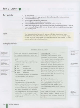 Part 2 Leaflet ..
Key points • Be informative.
• Ensure the register is appropriate to the readers specified in the question.
• Use headings far clarity.
• Write in short paragraphs or sections.
• You are likely to use mai nly present tenses.
• Don'twaste time on illustrations, which will not be assessed.
• Make sure you write the full 250 words - because leaflets are written in a concise
way, you may find it possible to cover th e task in fewer words. If this is th e case,
add another point!
Task Your language school has recently opened an English study centre, where
students can work with materials on their own. In order for new students to get
the best out of the study centre, you have been asked to write a leaflet for them,
describing the range of facilities offered.
Sample answer
Welcome to the Study Centre
use of present
tenses
,--- - - - - -1__- ----- --- - headings
rAudio material 1 signpost each
element
Audio and video cassettes are all
located in the far corner of the room.
There are ten listening booths and four
. video playback stations, all of which
have obligatory headphones. Our
technician records the daily news each
morning and accompanying word lists
are available (in t he red filing cabinet).
Cassettes for your coursebook can be
taken out on loan for a maximum of 24
hours, proVided that at least one coPy
remains on the shelf.
Level
As you can see, all the materials here
are colour-coded. Choose the level that
is right for you:
blue elementary
red intermediate
yellow upper intermediate
green advanced
e computer programs are numbered
10 according to their difficulty.
friendly tone -
writer is
addressing
fellow students
introductory
If you read this leaflet , you will be able
messageto
reader to enjoy our study centre to the full.
~
•
•
bullet points •
spell out
•
important '--
information Th
-
Reading material
The study centre contains sets of
graded readers, full-length novels and a
wide variety of non-fiction books. There
is also a selection of daily newspapers
and weekly magazines. Back issues of
the magazines can be found behind the
shelves. Sorry. but newspapers and '
magazines cannot be taken out of t he
study centre.
Computer self-access work
The six computers have various self-
study programs, including tests and
vocabulary practice. There is also a
concordancing program on the IBM PS2
machine.
Enjoy the study centre! If you do have friendly
any queries, there is a teacher on duty
informative
ending
at the main desk every day between 12
and 2pm.
190 I Writing Resource
 