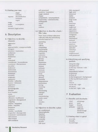 5.5 Stating your case
ange r
concern
express dissatisfaction
irrit ation
regret
lodge
make a complaint
record
threaten (legal action)
6 Description
6.1 Adject ives to describe
characte r
aggressive
alert
approacha ble I un approachable
arroga nt
atte ntive / inatten tive
au daci ous
boastful
boisterous
civil
conce ited
conside rate I inconsiderat e
courteous I discourteous
deceitful
ded icated
deferential
determined
dominant
eccentric
enigma tic
expansive
flexible I inflexible
hon est I disho nest
ingenious
inventive
knowledgeable
likea ble
level-headed
mean
obsessed
offensive I inoffens ive
organized I disorganized
ou tgoing
patient I impatient
polite I impolite
po mpous
reclusive
reliable I unreliahle
respectful I disrespectful
restrained ! unrestrained
self-assured
self-ce ntred
self-confide nt
194 1Vocabu lary Resource
self-possessed
se ns itive I insensitive
single-minded
sloppy
sympa thetic I unsympathetic
trustworthy I untrustworthy
unflappable
vacant
vain
zea lous
6.2 Adjectives to describe a book I
film I play
Note: many of these adjectives
collocate with the intensifying
adverbs listed in 9.3.
appealing
brutal
callous
comp elling
excruciating
exhilarating
exquisite
exten sive
fast-moving
gloomy
horrific
impressive
inn ovative
int ense
intimat e
intricate
intrusive
lively
moving
phoney
powerful
preposterous
pretentious
prying
stunning
subtle
threatening
tranquil
trivial
un convincing
under-rated
vivid
woode n
zany
6.3 Adjectives to describe a place
air-condition ed
claustrophobic
classical
cluttered
con fined
cramped
derelict
full-sized
fully-equipped
high-tech
historical
idyllic
isolat ed
large-scale
lively
luxurious
magical
neglected
open-plan
oppressive
overcrowded
overgrown
peaceful
refurbished
restored
run-down
spacious
spectacular
splendid
subu rban
tranquil
un discovered
well-preserved
6.4 Identifyin g and specifying
po sition
along the edge
alongs ide th is
at the top I bottom I side
close to
imm ed iately behind
in between
in front of
in the foreground I backgroun d
in the top left hand corner
near
next to
on the left I right
on top of
to the left I right I side
7 Evaluation
7.1 Benefits and dra wbacks
chief advantage
great asset
major be nefit
primary concern
difficulty
disadva ntage
drawback
7.2 Stating what is typical
as a rule.
broad ly,
by and large,
,
 