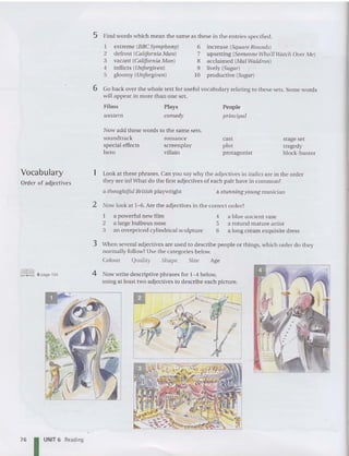5 Find word s which mean the same as these in the entries specified.
I extrem e (BBC Symphonyi
2 defrost iCalifo rnta Mall)
3 vacant (Californ ia Mall)
4 inflicts (UIl! orgivell )
5 gloomy (Unfo rgiuett;
6 increase (Square Roundsi
7 upsetting (Someone Who'll Watch Over Me)
8 acclaimed (M aI Waldroll )
9 lively (Sligar)
10 productive (Sligar)
6 Go back over the whole text for usefu l vocabulary relating to these sets. Some word s
will appear in mo re than one set.
Films
western
Plays
comedy
People
principal
Now add these word s to the same sets.
so undtrack romance
special effects screenplay
hero villain
cast
plot
protagonist
stage set
tragedy
block-bu ster
Vocabulary
Order of adjectives
1 Look at these phrases. Can you say why the adjectives in italics are in the orde r
they are in?What do the first adjectives of each pair have in common?
a thoughtful British. playwright a stunning young musician
2 Now look at 1-6. Are the adjectives in the correct order?
I a powerful new film
2 a large bulbous nose
3 an overpriced cylindrical sculpture
4 a blue anci ent vase
5 a rotu nd mature artist
6 a long cream exquisite dress
~ 6 page 194
3 When several adjectives are used to describe people or things, which orde r do they
normally follow? Use the categories below.
Colour Quality Shape Size Age
4 Now write descriptive phrases for 1- 4 below,
using at least two adjectives to describe eac h picture.
I UNIT 6 Reading
76
 