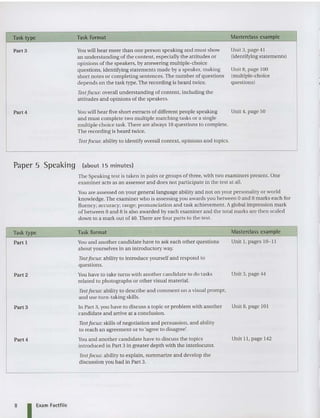 Task type
Part 3
Task format
Youwill hear more than one person spea king and must show
an understanding of the content, especially the attitudes or
opinions of the speakers, by answering multiple-choice
questions, identifying statements made by a speaker, making
short notes or completing sentences. The number of questions
depends on the task type. The recording is heard twice.
Test focus:overa ll understanding of content, including the
attitudes and opinions of the speakers.
Masterdass example
Unit 3, page 41
(identifying statements )
Unit 8, page 100
(multiple-choice
questions)
Part 4 Youwill hear five short extracts of different peo ple speaking Unit 4, page 50
and must complete two multiple matching tasks or a single
multiple choice task.There are always 10 questions to complete.
The recording is heard twice.
Test focus: abili ty to identify overall context, opinions and top ics.
Paper 5 Speaking (about 15 m inutes]
The Speaking test is taken in pairs or groups of three, with two examiners presen t. One
examiner acts as an assesso r and does not participate in the test at all.
You are assessed on your general lan guage ability and not on your personality or world
knowledge. The examiner who is assessing you awards you between 0 and 8 marks eac h for
fluency; accuracy; range; pronunciation and task achievement. Aglobal impression mark
of betwee n 0 and 8 is also awarded by each examiner and the total marks are then sca led
down to a mark out of 40. There are fou r parts to the test.
Task type
Part I
Part 2
Part 3
Part 4
Task format
Y
ou and another candidate have to ask each other questions
abo ut yourselves in an introductory way.
Test fo cus:ability to introduce yourself and respond to
questions.
You have to take turns with another candidate to do tasks
related to photographs or other visua l material.
Test focus: ability to desc ribe and comment on a visual prompt,
and use turn-taking skills.
In Part 3, you have to discuss a topic or pro blem with another
candidate and arrive at a conclusion.
Test foc us: skills of negotiation and persuasion, and ability
to reach an agreement or to 'agree to disagree'.
Y
ou and another candidate have to discuss the topics
introduced in Part 3 in greater depth with the interlocuter.
Test fo cus: ability to explain, summarize and develop the
discussion you had in Part 3.
Masterdass example
Unit t , pages 10-11
Unit 3, page 44
Unit 8, page 101
Unit 11, page 142
8 I Exam Factfile
 