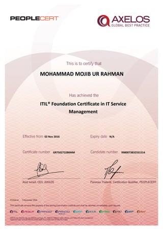 MOHAMMAD MOJIB UR RAHMAN
ITIL® Foundation Certificate in IT Service
Management
02 Nov 2016
GR750272286MM
Printed on 9 November 2016
N/A
9980073832331514
 