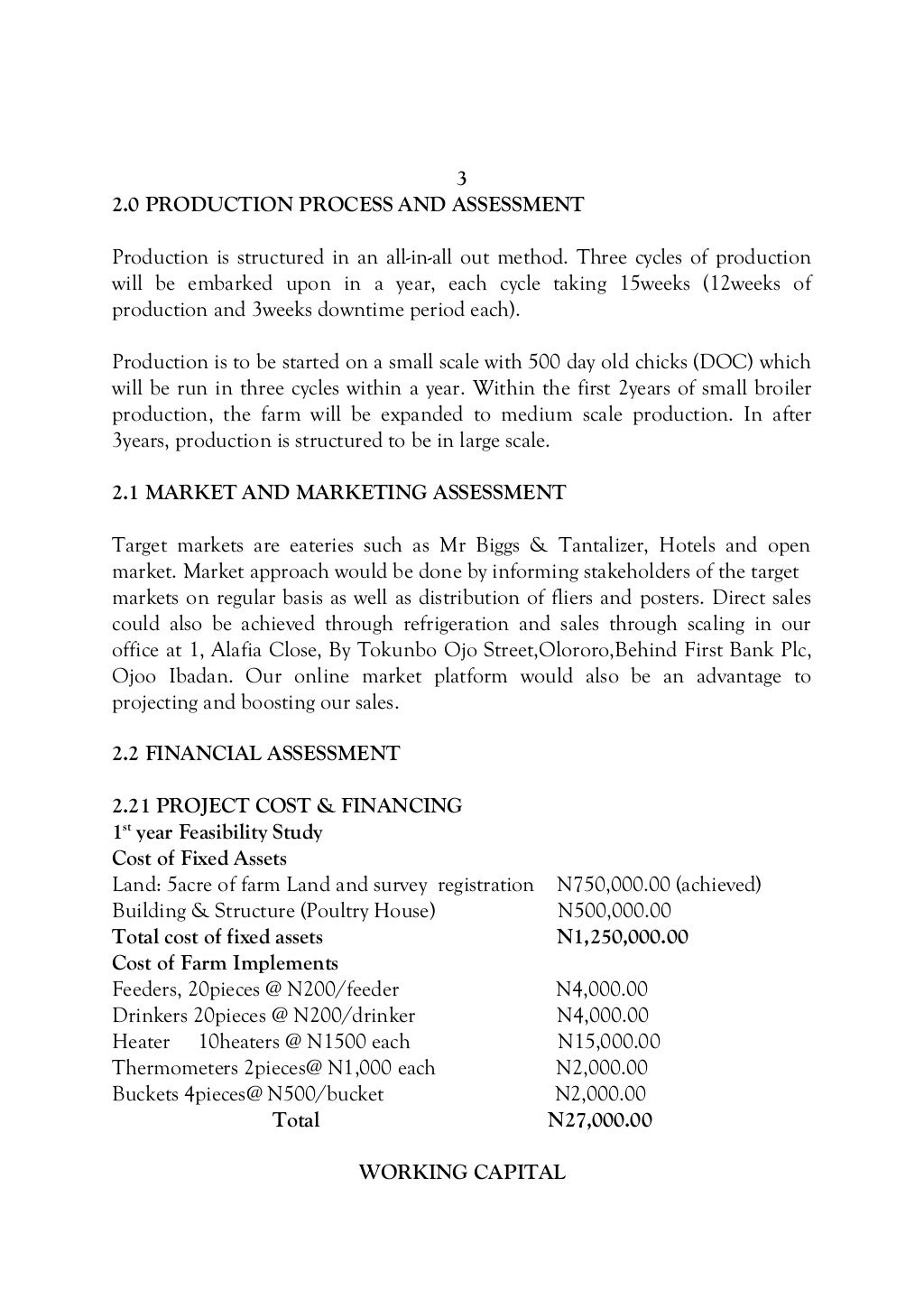 BUSINESS PLAN FOR A POULTRY FARM INVESTMENT