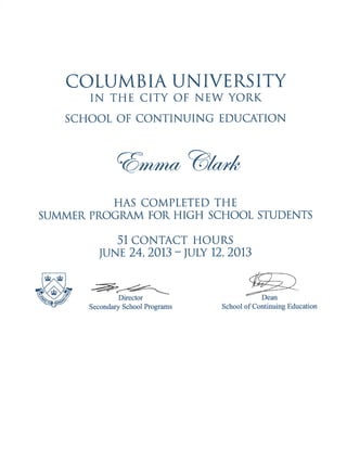 Emma Clark Columbia Certificate July 2013