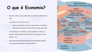 O que é Economia?
• Economia vem do grego oikonomos, que significa administrar a
casa.
• A economia é uma ciência social.
• Dentro das grandes áreas do conhecimento, as Ciências
Econômicas fazem parte das Ciências Sociais Aplicadas;
• Os indivíduos e a sociedade, a todo momento, em todos os
lugares, estão fazendo escolhas sobre o que comprar, onde
investir, etc.;
• Essas escolhas estão pautadas pelas necessidades humanas;
os recursos são escassos, e não abundantes.
 