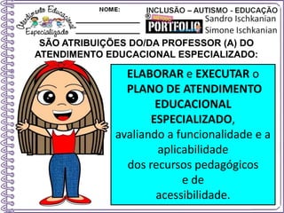 SÃO ATRIBUIÇÕES DO/DA PROFESSOR (A) DO
ATENDIMENTO EDUCACIONAL ESPECIALIZADO:
ELABORAR e EXECUTAR o
PLANO DE ATENDIMENTO
EDUCACIONAL
ESPECIALIZADO,
avaliando a funcionalidade e a
aplicabilidade
dos recursos pedagógicos
e de
acessibilidade.
 