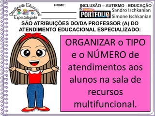 SÃO ATRIBUIÇÕES DO/DA PROFESSOR (A) DO
ATENDIMENTO EDUCACIONAL ESPECIALIZADO:
ORGANIZAR o TIPO
e o NÚMERO de
atendimentos aos
alunos na sala de
recursos
multifuncional.
 