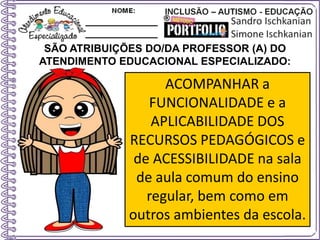 SÃO ATRIBUIÇÕES DO/DA PROFESSOR (A) DO
ATENDIMENTO EDUCACIONAL ESPECIALIZADO:
ACOMPANHAR a
FUNCIONALIDADE e a
APLICABILIDADE DOS
RECURSOS PEDAGÓGICOS e
de ACESSIBILIDADE na sala
de aula comum do ensino
regular, bem como em
outros ambientes da escola.
 