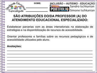 SÃO ATRIBUIÇÕES DO/DA PROFESSOR (A) DO
ATENDIMENTO EDUCACIONAL ESPECIALIZADO:
Estabelecer parcerias com as áreas intersetoriais na elaboração de
estratégias e na disponibilização de recursos de acessibilidade.
Orientar professores e famílias sobre os recursos pedagógicos e de
acessibilidade utilizados pelo aluno.
Anotações:
_________________________________________________________
_________________________________________________________
_________________________________________________________
_________________________________________________________
_________________________________________________________
_________________________________________________________
_________________________________________________________
 