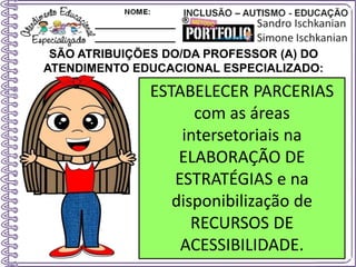 SÃO ATRIBUIÇÕES DO/DA PROFESSOR (A) DO
ATENDIMENTO EDUCACIONAL ESPECIALIZADO:
ESTABELECER PARCERIAS
com as áreas
intersetoriais na
ELABORAÇÃO DE
ESTRATÉGIAS e na
disponibilização de
RECURSOS DE
ACESSIBILIDADE.
 
