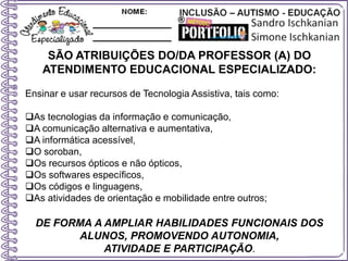 SÃO ATRIBUIÇÕES DO/DA PROFESSOR (A) DO
ATENDIMENTO EDUCACIONAL ESPECIALIZADO:
Ensinar e usar recursos de Tecnologia Assistiva, tais como:
As tecnologias da informação e comunicação,
A comunicação alternativa e aumentativa,
A informática acessível,
O soroban,
Os recursos ópticos e não ópticos,
Os softwares específicos,
Os códigos e linguagens,
As atividades de orientação e mobilidade entre outros;
DE FORMA A AMPLIAR HABILIDADES FUNCIONAIS DOS
ALUNOS, PROMOVENDO AUTONOMIA,
ATIVIDADE E PARTICIPAÇÃO.
 