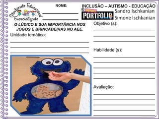 O LÚDICO E SUA IMPORTÂNCIA NOS
JOGOS E BRINCADEIRAS NO AEE.
Objetivo (s):
_________________________
_________________________
_________________________
Habilidade (s):
_________________________
_________________________
_________________________
_________________________
_________________________
Avaliação:
_________________________
_________________________
_________________________
_________________________
_________________________
Unidade temática:
________________________________
________________________________
________________________________
 
