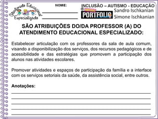 SÃO ATRIBUIÇÕES DO/DA PROFESSOR (A) DO
ATENDIMENTO EDUCACIONAL ESPECIALIZADO:
Estabelecer articulação com os professores da sala de aula comum,
visando a disponibilização dos serviços, dos recursos pedagógicos e de
acessibilidade e das estratégias que promovem a participação dos
alunos nas atividades escolares.
Promover atividades e espaços de participação da família e a interface
com os serviços setoriais da saúde, da assistência social, entre outros.
Anotações:
_________________________________________________________
_________________________________________________________
_________________________________________________________
_________________________________________________________
_________________________________________________________
 
