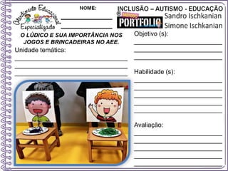 O LÚDICO E SUA IMPORTÂNCIA NOS
JOGOS E BRINCADEIRAS NO AEE.
Objetivo (s):
_________________________
_________________________
_________________________
Habilidade (s):
_________________________
_________________________
_________________________
_________________________
_________________________
Avaliação:
_________________________
_________________________
_________________________
_________________________
_________________________
Unidade temática:
________________________________
________________________________
________________________________
 