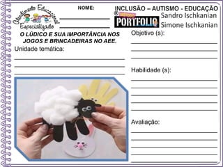 O LÚDICO E SUA IMPORTÂNCIA NOS
JOGOS E BRINCADEIRAS NO AEE.
Objetivo (s):
_________________________
_________________________
_________________________
Habilidade (s):
_________________________
_________________________
_________________________
_________________________
_________________________
Avaliação:
_________________________
_________________________
_________________________
_________________________
_________________________
Unidade temática:
________________________________
________________________________
________________________________
 