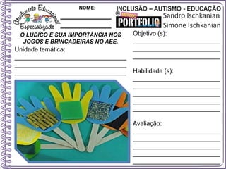 O LÚDICO E SUA IMPORTÂNCIA NOS
JOGOS E BRINCADEIRAS NO AEE.
Objetivo (s):
_________________________
_________________________
_________________________
Habilidade (s):
_________________________
_________________________
_________________________
_________________________
_________________________
Avaliação:
_________________________
_________________________
_________________________
_________________________
_________________________
Unidade temática:
________________________________
________________________________
________________________________
 
