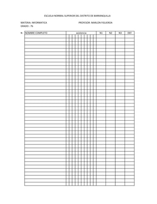 ESCUELA NORMAL SUPERIOR DEL DISTRITO DE BARRANQUILLA

MATERIA: INFORMATICA                        PROFESOR: MARLON FIGUEROA
GRADO : 7b

N   NOMBRE COMPLETO                       asistencia        N1     N2   N3   DEF
 