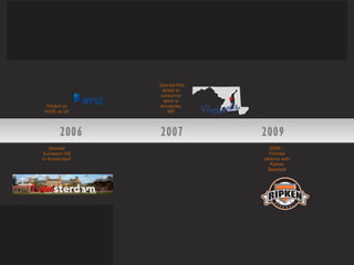 2007 20092006
Traded on
NYSE as UA
Opened
European HQ
in Amsterdam
2009 –
Formed
alliance with
Ripken
Baseball
Opened first
direct to
consumer
store in
Annapolis,
MD
 