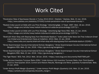 Work Cited
"Penetration Rate of Sportswear Brands in Turkey 2012-2013 | Statistic." Statista. Web. 21 Jan. 2016.
<http://www.statista.com/statistics/374342/turkish-penetration-rate-of-sportswear-brands/>.
"Reebok India Launch at Odds with Low Price Strategy." AdvertisingAge. 17 Sept. 1997. Web. 18 Jan. 2016.
<http://adage.com/article/news/reebok-india-launch-odds-low-price-strategy/12573/>.
"Reebok India Launch at Odds with Low Price Strategy." Advertising Age News RSS. Web. 21 Jan. 2016.
<http://adage.com/article/news/reebok-india-launch-odds-low-price-strategy/12573/>.
"Shahrukh Khan Okay with Staying Away from Wankhede Stadium." India Latest India News Get Free Indiacom Email
Live Cricket and Entertainment News at IndiaCom. 2014. Web. 21 Jan. 2016.
<http://www.india.com/sports/shahrukh-khan-okay-with-staying-away-from-wankhede-stadium-15249/>.
"Shree Swaminarayan Gurukul International School, Bangalore." Shree Swaminarayan Gurukul International School
Bangalore RSS. Web. 21 Jan. 2016. <http://gurukul.org/bangalore/>.
"Shree Swaminarayan Gurukul International School, Bangalore." Shree Swaminarayan Gurukul International School
Bangalore RSS. Web. 21 Jan. 2016. <http://gurukul.org/bangalore/>.
"The Tiger Roars." BCG. Feb. 2012. Web. 18 Jan. 2016. <https://www.bcg.com/documents/file97584.pdf>.
"Under Armour Inventory Turnover Ratio (COS)." Under Armour (UA) Inventory Turnover Ratio, from Third Quarter
2015 to Third Quarter 2014, Current and Historic Results, Rankings and More, Quarterly Fundamentals. Web.
21 Jan. 2016.
"Under Armour Profit Margin (Quarterly):." Under Armour Profit Margin (Quarterly) (UA). Web. 21 Jan. 2016.
<https://ycharts.com/companies/UA/profit_margin>.
 