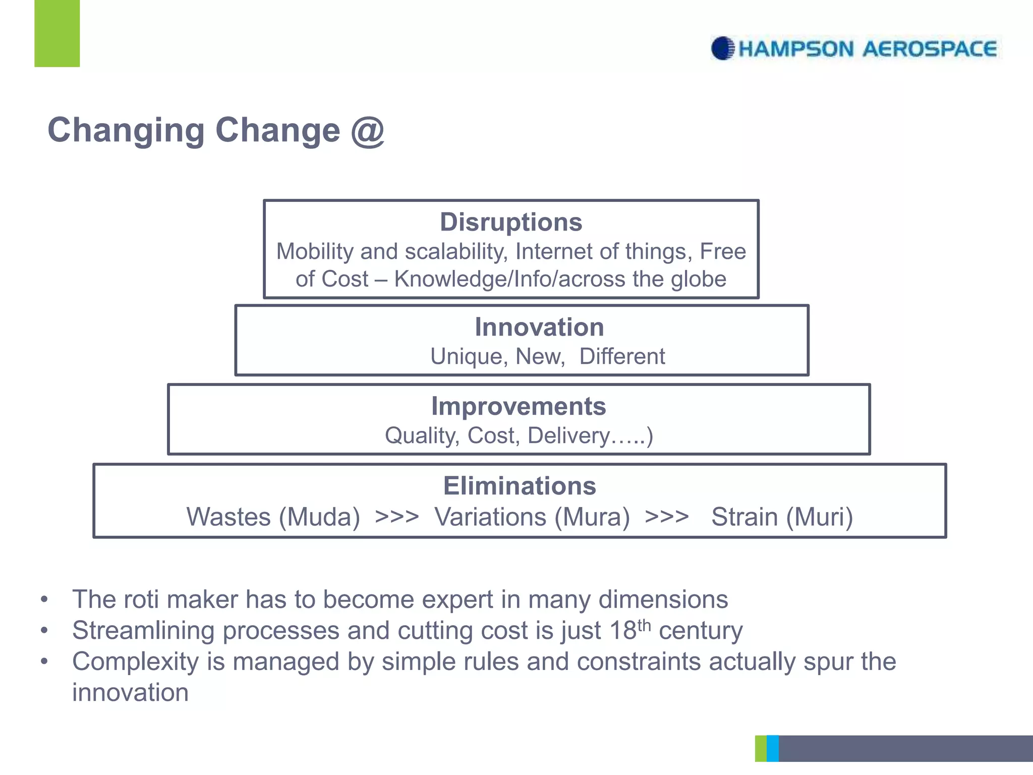 Eliminations
Wastes (Muda) >>> Variations (Mura) >>> Strain (Muri)
Improvements
Quality, Cost, Delivery…..)
Disruptions
Mobility and scalability, Internet of things, Free
of Cost – Knowledge/Info/across the globe
Innovation
Unique, New, Different
• The roti maker has to become expert in many dimensions
• Streamlining processes and cutting cost is just 18th century
• Complexity is managed by simple rules and constraints actually spur the
innovation
Changing Change @
 