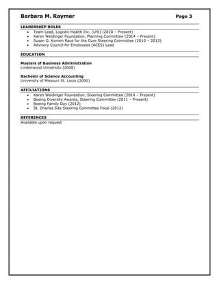 Barbara M. Raymer Page 3
LEADERSHIP ROLES
 Team Lead, Logistic Health Inc. (LHI) (2010 – Present)
 Karen Weidinger Foundation, Planning Committee (2014 – Present)
 Susan G. Komen Race for the Cure Steering Committee (2010 – 2013)
 Advisory Council for Employees (ACES) Lead
EDUCATION
Masters of Business Administration
Lindenwood University (2008)
Bachelor of Science Accounting
University of Missouri St. Louis (2000)
AFFILIATIONS
 Karen Weidinger Foundation, Steering Committee (2014 – Present)
 Boeing Diversity Awards, Steering Committee (2011 – Present)
 Boeing Family Day (2012)
 St. Charles Site Steering Committee Focal (2012)
REFERENCES
Available upon request
 