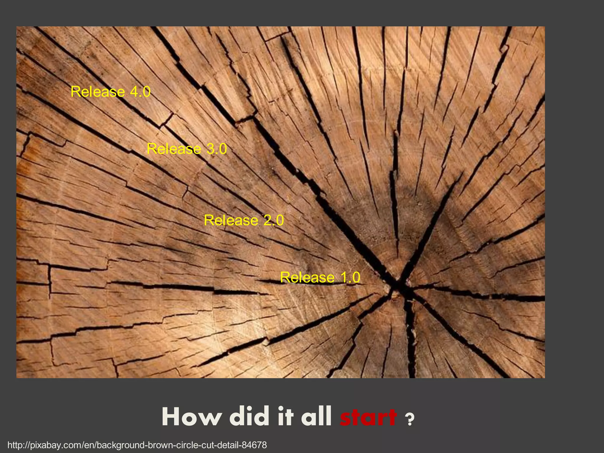 Release 1.0
Release 2.0
Release 3.0
Release 4.0
How did it all start ?
http://pixabay.com/en/background-brown-circle-cut-detail-84678
 