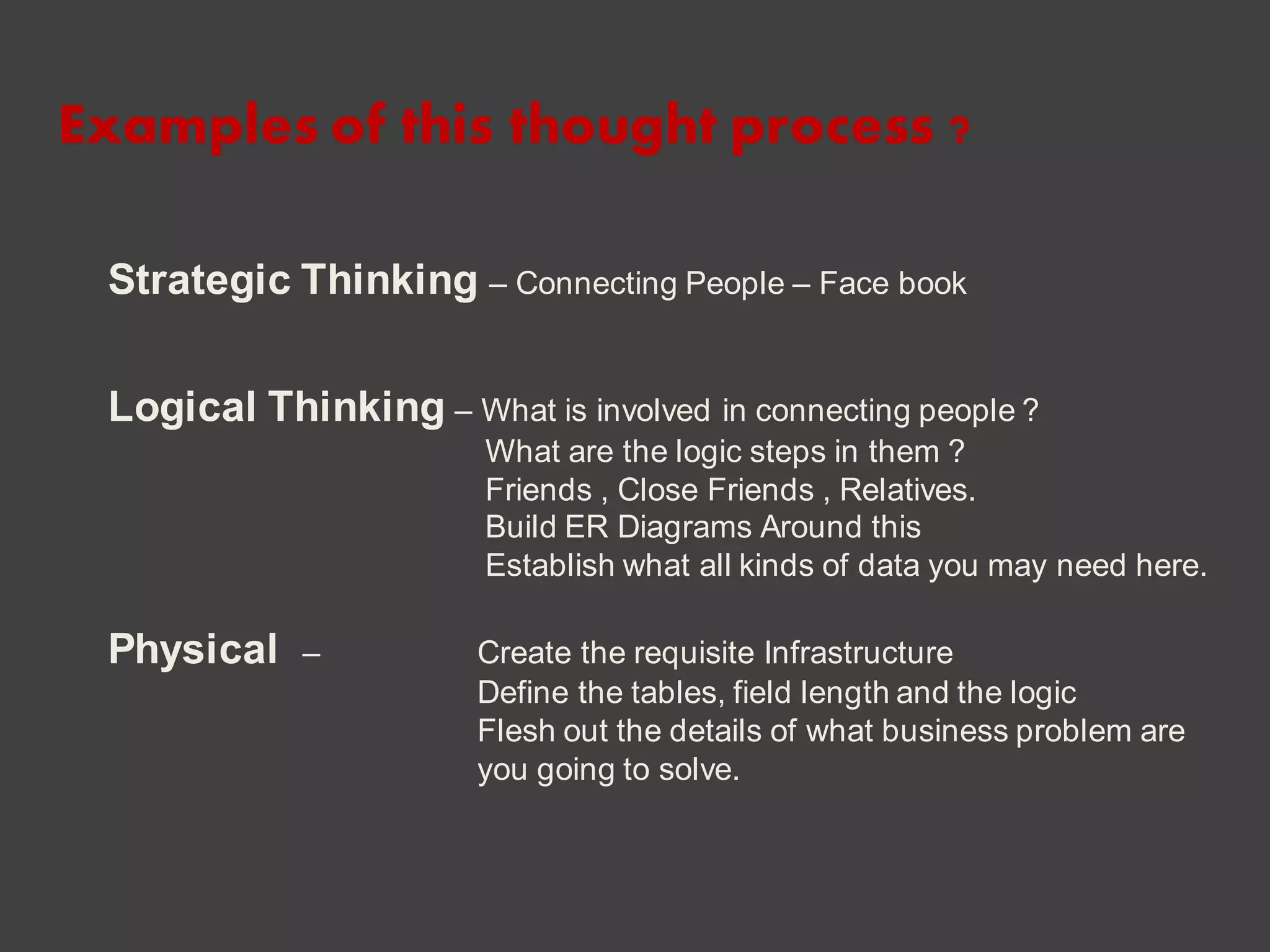 Strategic Thinking – Connecting People – Face book
Logical Thinking – What is involved in connecting people ?
What are the logic steps in them ?
Friends , Close Friends , Relatives.
Build ER Diagrams Around this
Establish what all kinds of data you may need here.
Physical – Create the requisite Infrastructure
Define the tables, field length and the logic
Flesh out the details of what business problem are
you going to solve.
Examples of this thought process ?
 