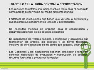• Los recursos forestales son indispensables tanto para el desarrollo
como para la preservación del medio ambiente mundial
• Fortalecer las instituciones que tienen que ver con la silvicultura y
que mejoren sus conocimientos técnicos y profesionales
• Se necesitan medidas de urgencia para la conservación y
desarrollo sostenible de los bosques existentes
• Se reconozcan los valores sociales, económicos y ecológicos que
representan los árboles, los bosques y las tierras forestales,
inclusive las consecuencias de los daños que causa su destrucción.
• Los Gobiernos y las instituciones deberían establecer o fortalecer
sistemas nacionales de evaluación y observación de bosques,
recursos forestales y programas forestales.
CAPITULO 11: LA LUCHA CONTRA LA DEFORESTACION
 
