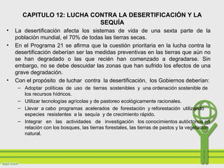CAPITULO 12: LUCHA CONTRA LA DESERTIFICACIÓN Y LA
SEQUÍA
• La desertificación afecta los sistemas de vida de una sexta parte de la
población mundial, el 70% de todas las tierras secas.
• En el Programa 21 se afirma que la cuestión prioritaria en la lucha contra la
desertificación deberían ser las medidas preventivas en las tierras que aún no
se han degradado o las que recién han comenzado a degradarse. Sin
embargo, no se debe descuidar las zonas que han sufrido los efectos de una
grave degradación.
• Con el propósito de luchar contra la desertificación, los Gobiernos deberían:
– Adoptar políticas de uso de tierras sostenibles y una ordenación sostenible de
los recursos hídricos.
– Utilizar tecnologías agrícolas y de pastoreo ecológicamente racionales.
– Llevar a cabo programas acelerados de forestación y reforestación utilizando
especies resistentes a la sequía y de crecimiento rápido.
– Integrar en las actividades de investigación los conocimientos autóctonos en
relación con los bosques, las tierras forestales, las tierras de pastos y la vegetación
natural.
 