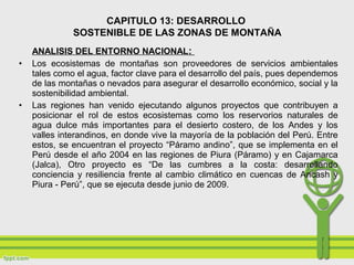 ANALISIS DEL ENTORNO NACIONAL:
• Los ecosistemas de montañas son proveedores de servicios ambientales
tales como el agua, factor clave para el desarrollo del país, pues dependemos
de las montañas o nevados para asegurar el desarrollo económico, social y la
sostenibilidad ambiental.
• Las regiones han venido ejecutando algunos proyectos que contribuyen a
posicionar el rol de estos ecosistemas como los reservorios naturales de
agua dulce más importantes para el desierto costero, de los Andes y los
valles interandinos, en donde vive la mayoría de la población del Perú. Entre
estos, se encuentran el proyecto “Páramo andino”, que se implementa en el
Perú desde el año 2004 en las regiones de Piura (Páramo) y en Cajamarca
(Jalca), Otro proyecto es “De las cumbres a la costa: desarrollando
conciencia y resiliencia frente al cambio climático en cuencas de Ancash y
Piura - Perú”, que se ejecuta desde junio de 2009.
CAPITULO 13: DESARROLLO
SOSTENIBLE DE LAS ZONAS DE MONTAÑA
 