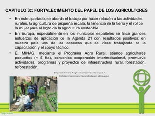 CAPITULO 32: FORTALECIMIENTO DEL PAPEL DE LOS AGRICULTORES
• En este apartado, se aborda el trabajo por hacer relación a las actividades
rurales, la agricultura de pequeña escala, la tenencia de la tierra y el rol de
la mujer para el logro de la agricultura sostenible.
• En Europa, especialmente en los municipios españoles se hace grandes
esfuerzos de aplicación de la Agenda 21 con resultados positivos; en
nuestro país uno de los aspectos que se viene trabajando es la
capacitación y el apoyo técnico.
• El MINAG, mediante el Programa Agro Rural, atiende agricultores
pequeños (< 5 Ha), convenios cooperación interinstitucional, promueve
actividades, programas y proyectos de infraestructura rural, forestación,
reforestación.
Empresa minera Anglo American Quellaveco S.A.
Fortalecimiento de capacidades en Moquegua
 