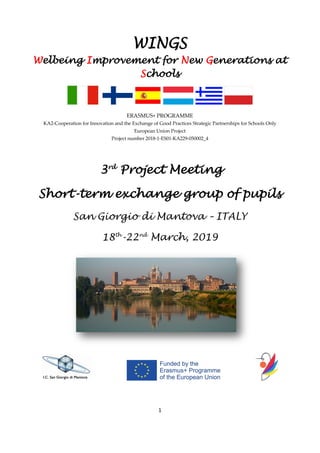 1
WINGS
Welbeing Improvement for New Generations at
Schools
ERASMUS+ PROGRAMME
KA2-Cooperation for Innovation and the Exchange of Good Practices Strategic Partnerships for Schools Only
European Union Project
Project number 2018-1-ES01-KA229-050002_4
3rd
Project Meeting
Short-term exchange group of pupils
San Giorgio di Mantova – ITALY
18th
-22nd
March, 2019
 