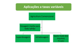 Aplicações a taxas variáveis
Agricultura Convencional
Superdosagem Infradosagem
Gasto Inútil dos
insumos
↑Custo
Dosagem media para
todo talhão
 