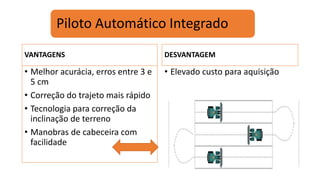 Piloto Automático Integrado
VANTAGENS
• Melhor acurácia, erros entre 3 e
5 cm
• Correção do trajeto mais rápido
• Tecnologia para correção da
inclinação de terreno
• Manobras de cabeceira com
facilidade
DESVANTAGEM
• Elevado custo para aquisição
 