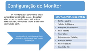 Configuração do Monitor
Os monitores que controlam o piloto
automático também são capazes de realizar
diversas outras tarefas, como aplicações a
taxas variáveis, controle de seções e operações
com função DGPS.
ETAPAS STARA Topper4500
• Senha e Usuário
• Seleção de Máquina
• Configuração de Medidas
• Criar Trabalho
• Criar Talhão
• Editar nome do Trabalho
• Carregar Trabalho
• Criar Bordadura
• Criar linha A-B
configuração do controlador de piloto
automático do fabricante Stara, modelo
Topper 4500
 